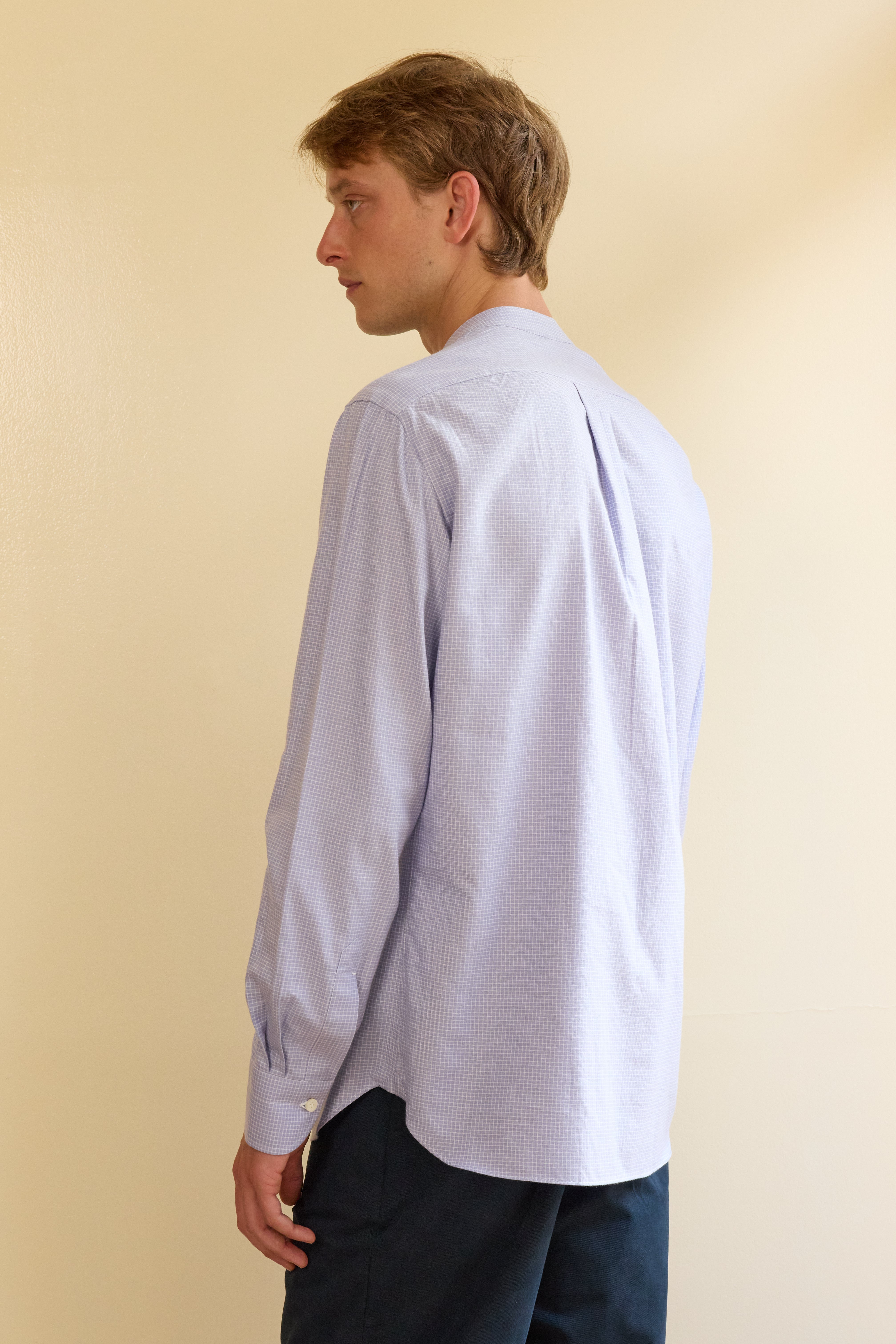 Silk & Cotton Check Collarless Shirt