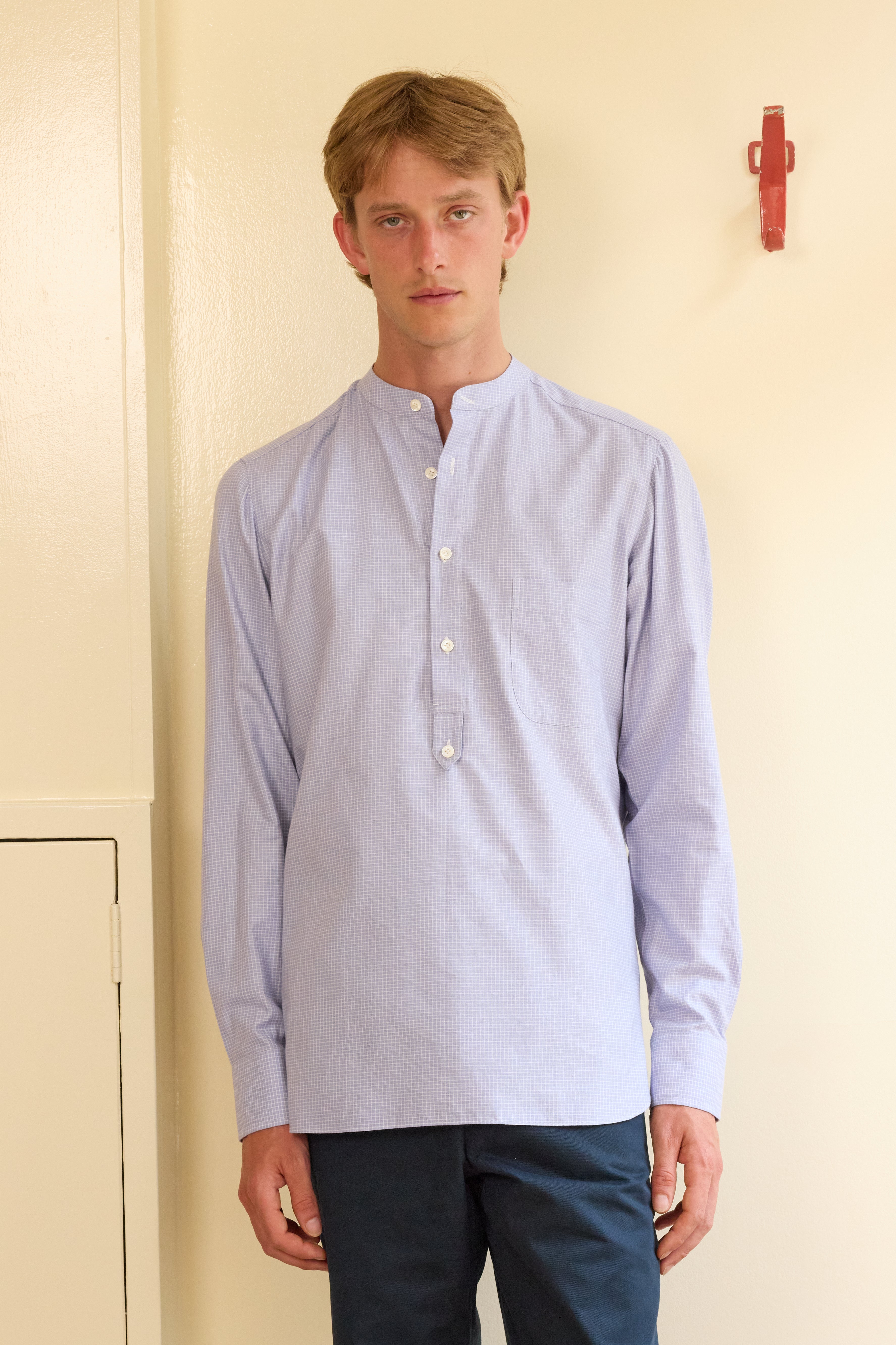 Silk & Cotton Check Collarless Shirt