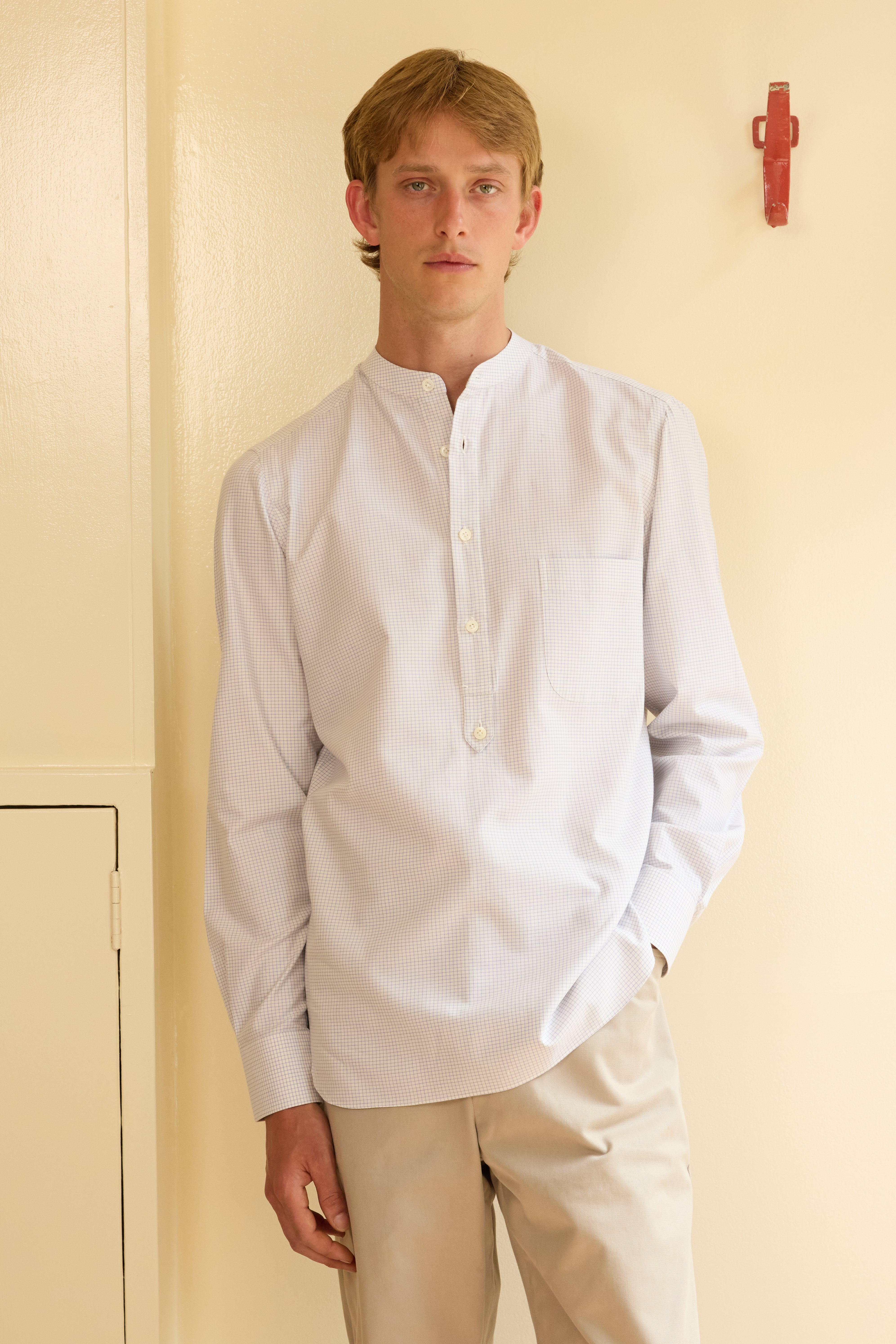 Silk & Cotton Check Collarless Shirt